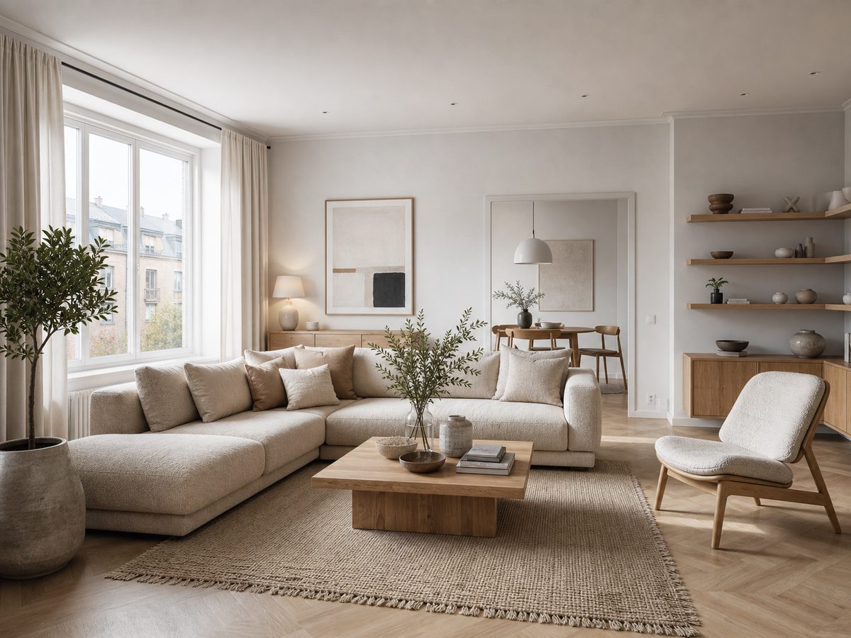 Japandi living room with a cream sofa, natural wood furniture and soft daylight